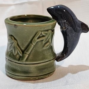 Glazed Pottery with Bamboo  Design and Dolphin Handle Tealite Candle Holder